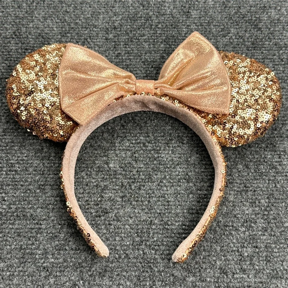 Disney Parks Minnie Mouse Ears Sequin Rose‎ Gold Pink Bow Headband Metallic